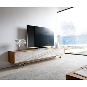 TV stolík Kleo 220 cm prírodná akácia 4 dvierka podstavec v tvare