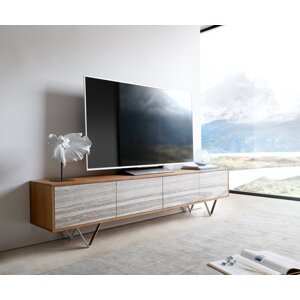 TV stolík Kleo 200 cm prírodná akácia 4 dvierka podstavec v tvare