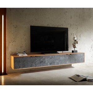 TV stolík Teele 220 cm prírodná akáciová bridlica 4 dvierka na