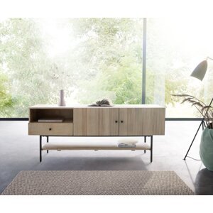 TV stolík Nessa 160x40 cm mango biely 1 zásuvka 2 dvierka čierny kov