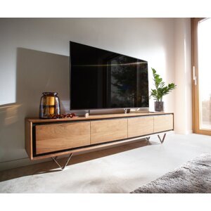 TV stolík Stonegrace 200 cm akácia prírodný 4 dvierka kamenná podstava
