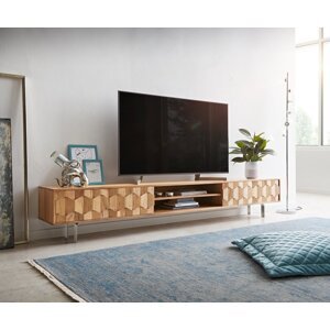 TV stolík Fevo 240 cm akácia prírodná 4 dvierka podstavec v tvare L