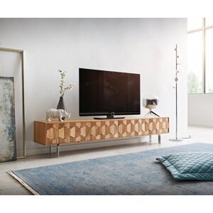 TV stolík Fevo 200 cm akácia prírodná 4 dvierka podstavec v tvare L