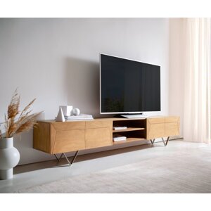 TV stolík Kayu 240 cm prírodná akácia 4 dvierka podstavec v tvare V