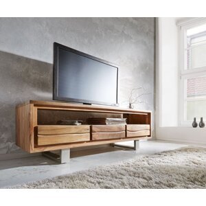 TV stolík Live Edge 146 cm akácia prírodná 3 zásuvky 1 priehradka