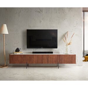 TV stolík Secara 220 cm akáciová hnedá 4 dvierka mramorový podstavec
