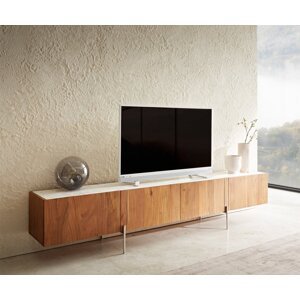 TV stolík Secara 220 cm prírodná akácia 4 dvierka mramorový podstavec