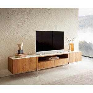 TV stolík Secara 220 cm akácia prírodná 2 dvierka 2 zásuvky mramorový