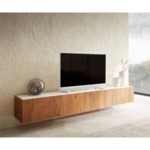TV stolík Secara 220 cm akácia prírodná 4 dvierka mramor na zavesenie