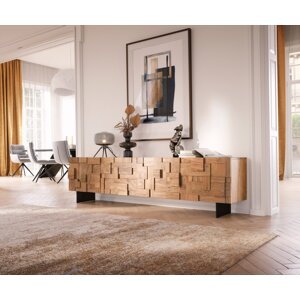 TV stolík Puzzle 220 cm prírodná akácia 4 dvierka podstavec čierny kov