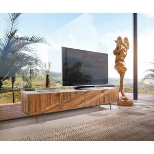 TV stolík Bahan 200 cm mango teak 4 dvierka mramor biely