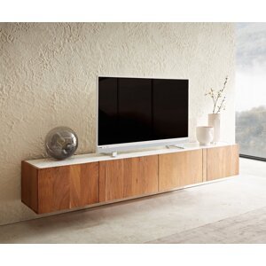 TV stolík Secara 200 cm akácia prírodná 4 dvierka mramor na zavesenie