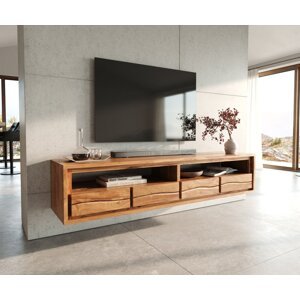 TV stolík Live-Edge 190 cm akácia prírodná 4 zásuvky nástenný
