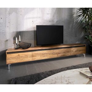 TV stolík Stonegrace 240 cm prírodná akácia 4 dvierka podstavec oválny
