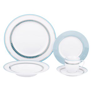KONDELA Donatella Baby Blue porcelánová jedálenská súprava (20 ks) modrá / biela / zlatá