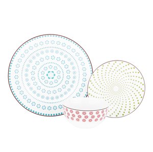 KONDELA Hardy porcelánová jedálenská súprava (12 ks) biela / modrá / červená / zelená