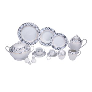 KONDELA Garida Typ 1 porcelánová jedálenská súprava (57 ks) biela / modrá / zlatá